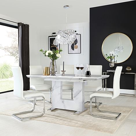 Florence Extending Dining Table & 4 Perth Chairs, White Marble Effect, White Classic Faux Leather & Chrome, 120-160cm