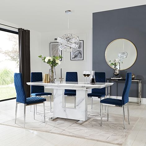 Florence Extending Dining Table & 4 Renzo Chairs, White Marble Effect, Blue Classic Velvet & Chrome, 120-160cm