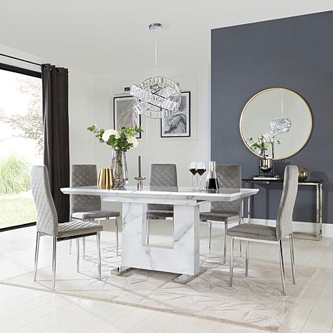 Florence Extending Dining Table & 4 Renzo Chairs, White Marble Effect, Grey Classic Velvet & Chrome, 120-160cm