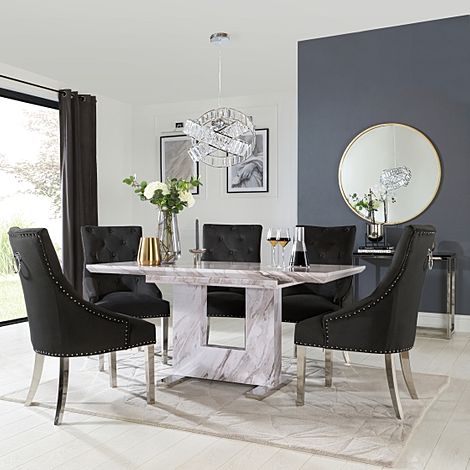 Florence Extending Dining Table & 6 Imperial Chairs, Grey Marble Effect, Black Classic Velvet & Chrome, 120-160cm