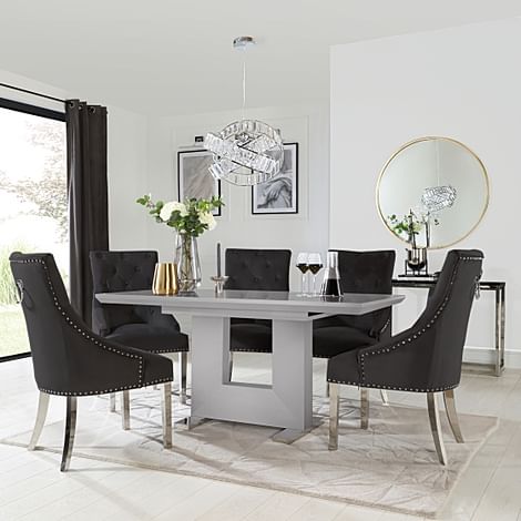 Florence Grey High Gloss Extending Dining Table with 4 Imperial Black Velvet Chairs