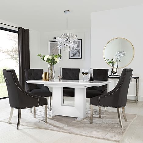 Florence Extending Dining Table & 4 Imperial Chairs, White High Gloss, Black Classic Velvet & Chrome, 120-160cm