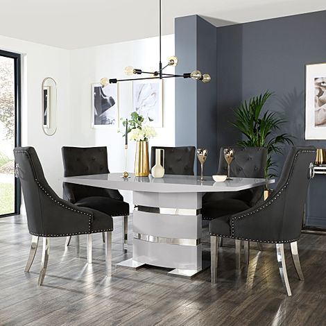 Komoro Grey High Gloss Dining Table with 4 Imperial Black Velvet Chairs