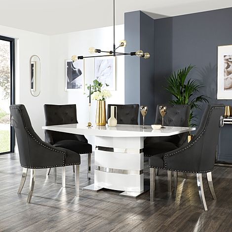 Komoro Dining Table & 6 Imperial Chairs, White High Gloss & Chrome, Black Classic Velvet, 160cm