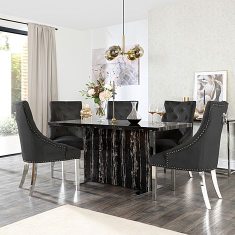Magnus Black Marble Dining Table with 4 Imperial Black Velvet Chairs