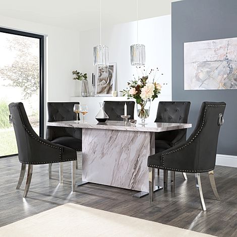 Magnus Grey Marble Dining Table with 6 Imperial Black Velvet Chairs