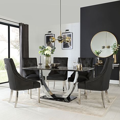 Peake Black Marble and Chrome Dining Table with 4 Imperial Black Velvet Chairs