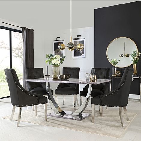 Peake Grey Marble and Chrome Dining Table with 6 Imperial Black Velvet Chairs