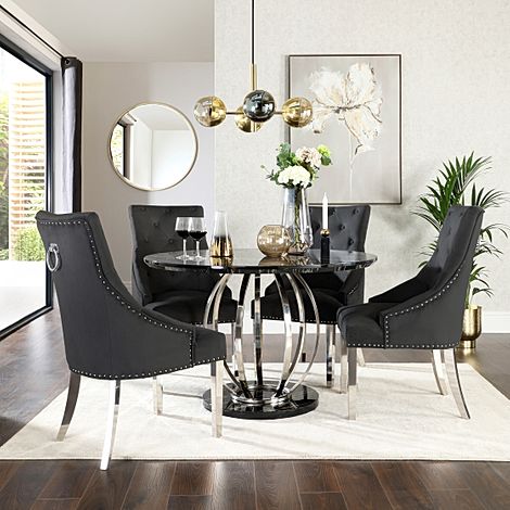 Savoy Round Black Marble and Chrome Dining Table with 4 Imperial Black Velvet Chairs