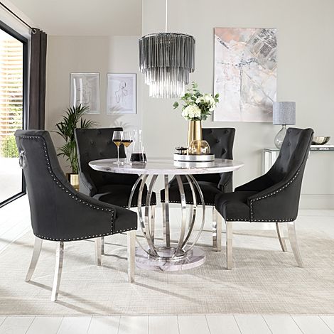 Savoy Round Grey Marble and Chrome Dining Table with 4 Imperial Black Velvet Chairs