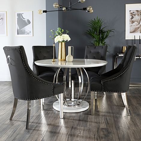 Savoy Round White High Gloss and Chrome Dining Table with 4 Imperial Black Velvet Chairs