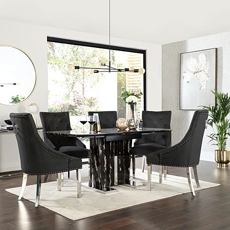 Vienna Black Marble Extending Dining Table with 6 Imperial Black Velvet Chairs