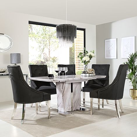 Vienna Extending Dining Table & 4 Imperial Chairs, Grey Marble Effect, Black Classic Velvet & Chrome, 120-160cm