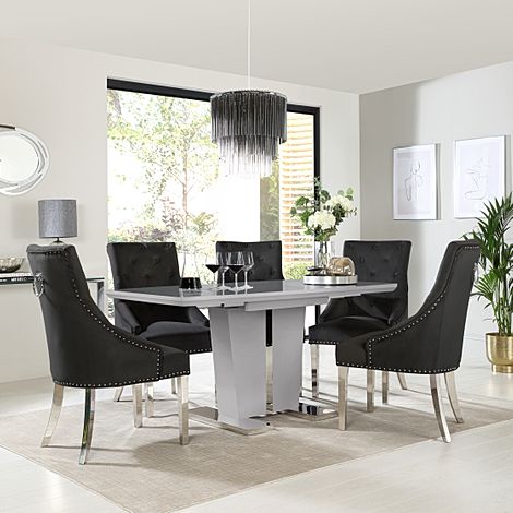 Vienna Grey High Gloss Extending Dining Table with 6 Imperial Black Velvet Chairs