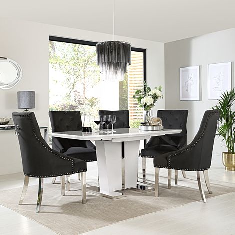 Vienna White High Gloss Extending Dining Table with 4 Imperial Black Velvet Chairs