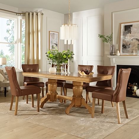 Chatsworth Extending Dining Table & 4 Bewley Chairs, Natural Oak Finished Birch Veneer & Solid Hardwood, Tan Classic Faux Leather & Natural Oak Finished Solid Hardwood, 150-180cm