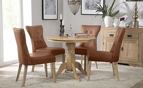 Kingston Round Oak Dining Table with 4 Bewley Tan Leather Chairs