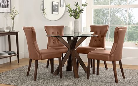 Hatton Round Dining Table & 2 Bewley Chairs, Glass & Dark Solid Hardwood, Tan Classic Faux Leather, 100cm