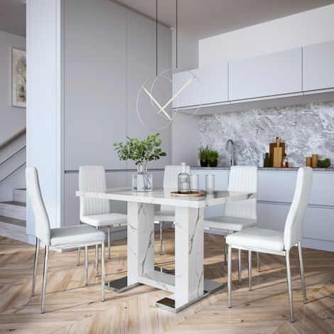 Joule White Marble Dining Table with 4 Leon White Leather Chairs