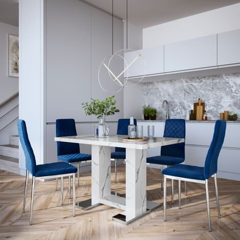 Joule White Marble Dining Table with 6 Renzo Blue Velvet Chairs