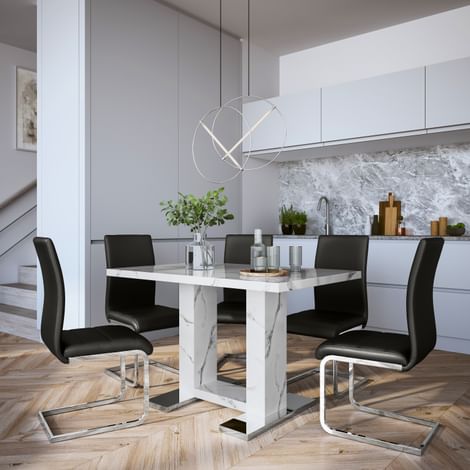 Joule White Marble Dining Table with 4 Perth Black Leather Chairs