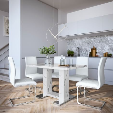 Joule Dining Table & 6 Perth Chairs, White Marble Effect, White Classic Faux Leather & Chrome, 120cm