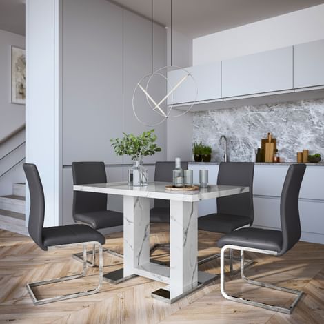 Joule Dining Table & 4 Perth Chairs, White Marble Effect, Grey Classic Faux Leather & Chrome, 120cm