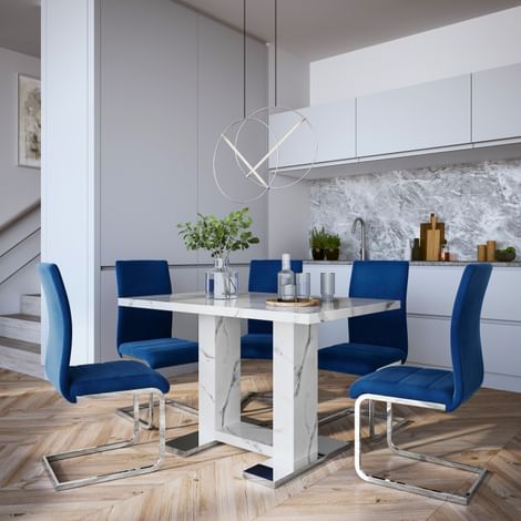 Joule White Marble Dining Table with 4 Perth Blue Velvet Chairs