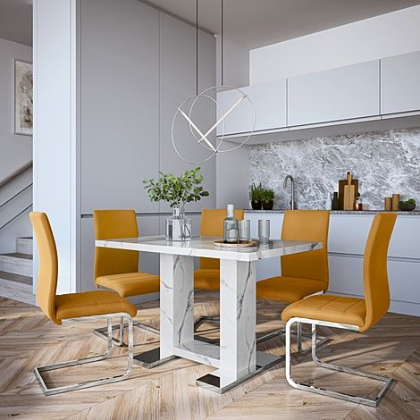 Joule Dining Table & 6 Perth Chairs, White Marble Effect, Mustard Classic Velvet & Chrome, 120cm