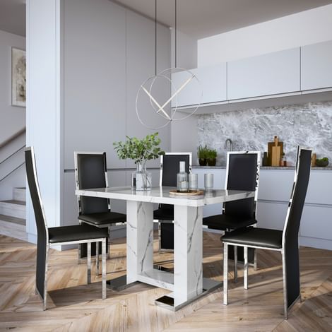 Joule White Marble Dining Table with 6 Celeste Black Leather Chairs