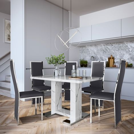 Joule White Marble Dining Table with 4 Celeste Grey Leather Chairs