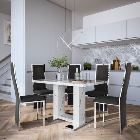 Joule White Marble Dining Table with 4 Celeste Black Velvet Chairs