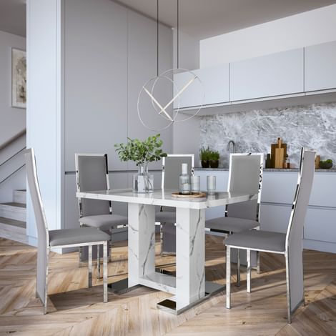 Joule White Marble Dining Table with 4 Celeste Grey Velvet Chairs