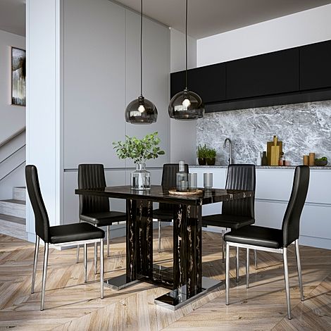 Joule Black Marble Dining Table with 4 Leon Black Leather Chairs