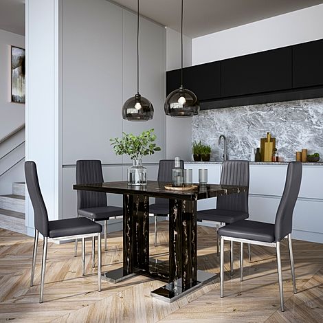 Joule Black Marble Dining Table with 4 Leon Grey Leather Chairs