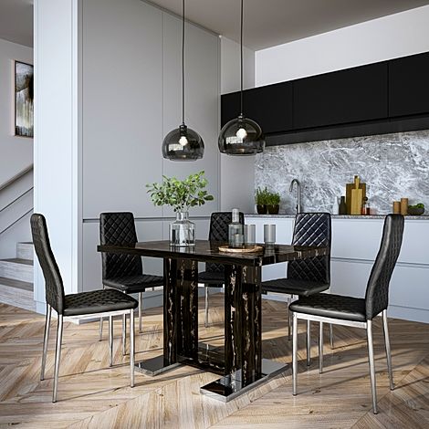 Joule Black Marble Dining Table with 4 Renzo Black Leather Chairs