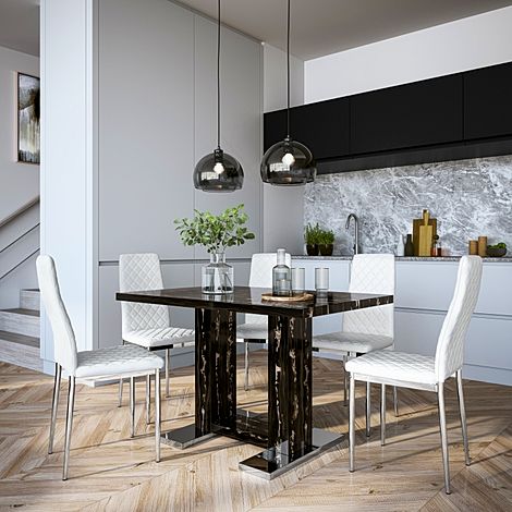 Joule Black Marble Dining Table with 4 Renzo White Leather Chairs