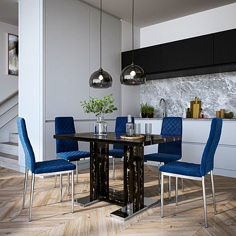 Joule Black Marble Dining Table with 4 Renzo Blue Velvet Chairs