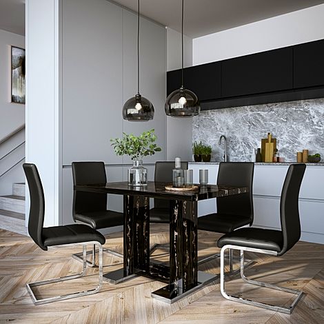 Joule Black Marble Dining Table with 4 Perth Black Leather Chairs
