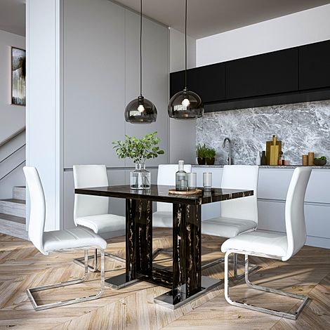 Joule Black Marble Dining Table with 6 Perth White Leather Chairs