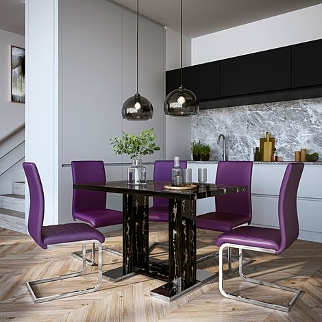 Joule Black Marble Dining Table with 6 Perth Purple Leather Chairs