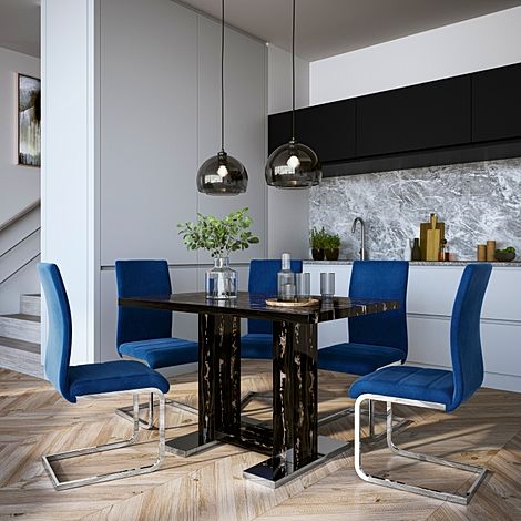 Joule Black Marble Dining Table with 6 Perth Blue Velvet Chairs