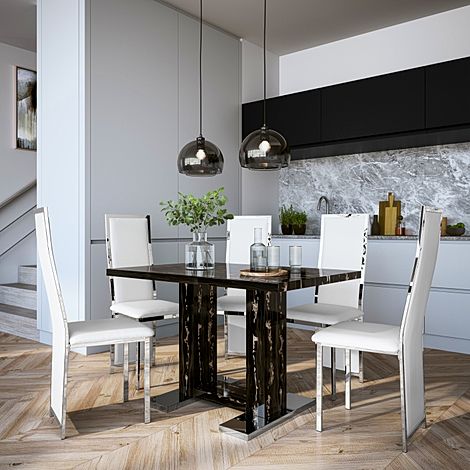 Joule Black Marble Dining Table with 4 Celeste White Leather Chairs