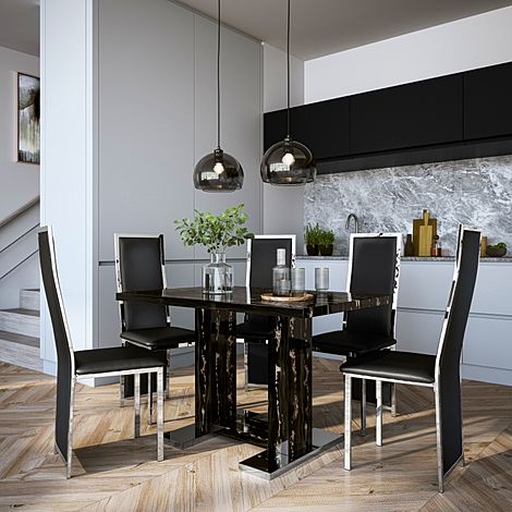 Joule Black Marble Dining Table with 4 Celeste Black Leather Chairs