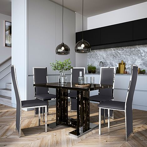 Joule Black Marble Dining Table with 4 Celeste Grey Leather Chairs