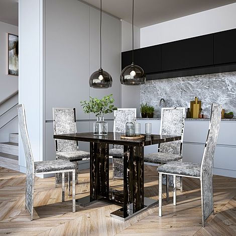 Joule Black Marble Dining Table with 4 Celeste Silver Crushed Velvet Chairs