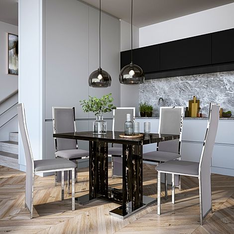 Joule Black Marble Dining Table with 4 Celeste Grey Velvet Chairs