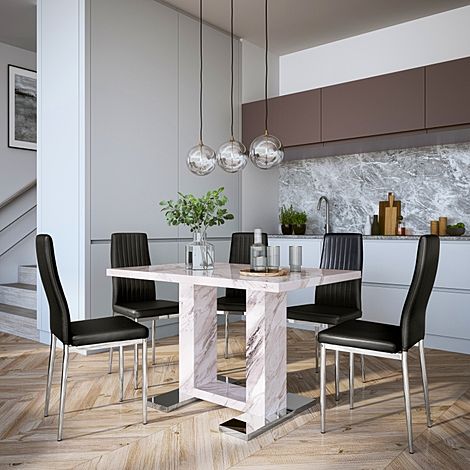 Joule Grey Marble Dining Table with 4 Leon Black Leather Chairs