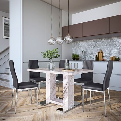 Joule Grey Marble Dining Table with 4 Leon Grey Leather Chairs