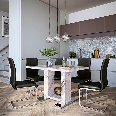 Joule Grey Marble Dining Table with 4 Perth Black Leather Chairs